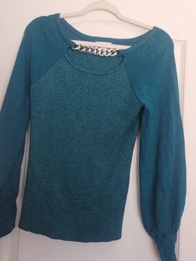 Cato Teal Sparkle Knit Top with Silver Chain Accent L Euc